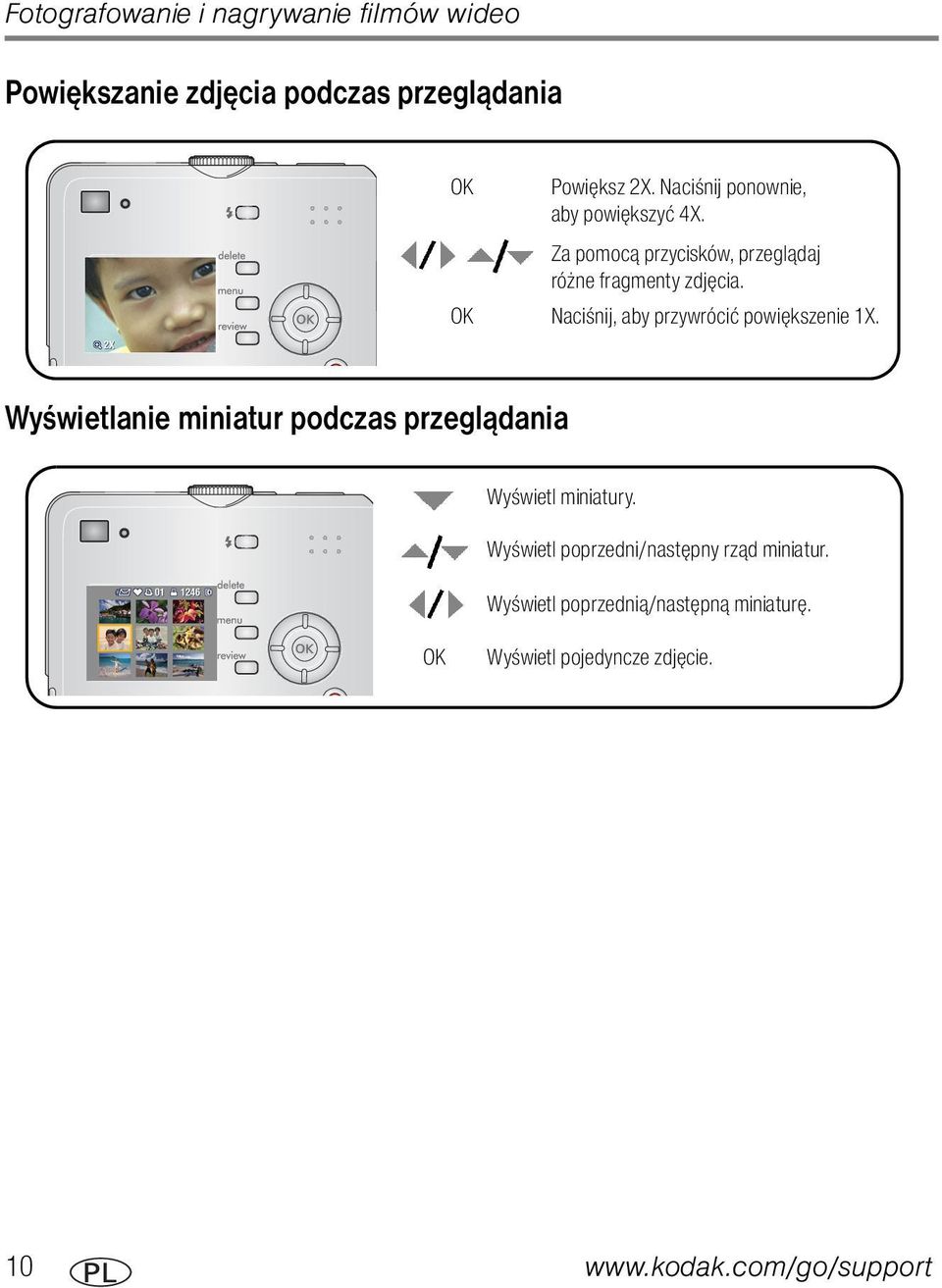 Naciśnij, aby przywrócić powiększenie 1X. Wyświetlanie miniatur podczas przeglądania Wyświetl miniatury.