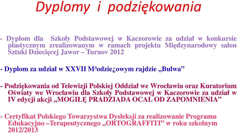 Polskiej Oddział we Wrocławiu oraz Kuratorium Oświaty we Wrocławiu dla Szkoły Podstawowej w Kaczorowie za udział w IV edycji akcji,,mogiłę