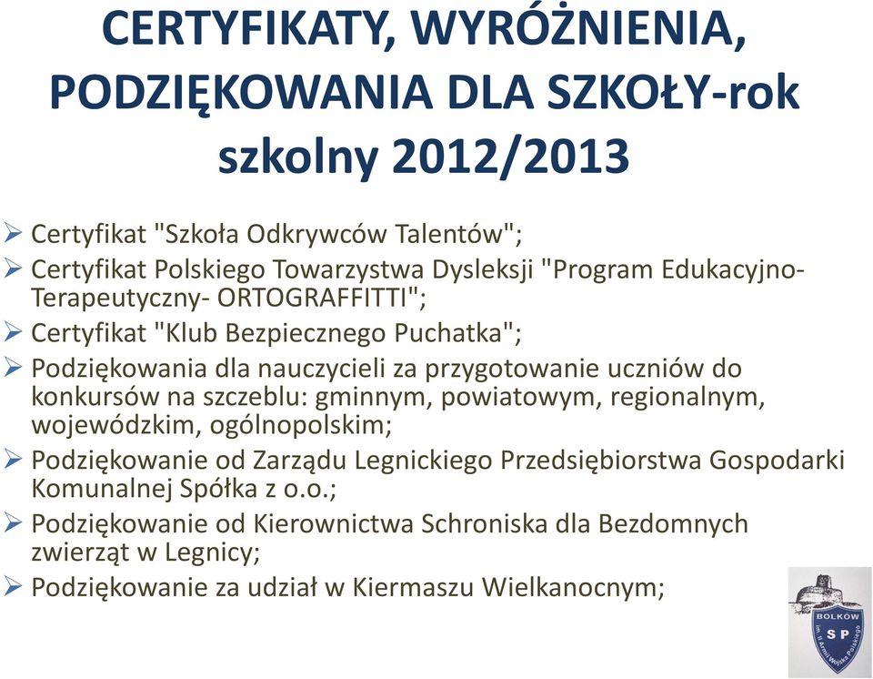 uczniów do konkursów na szczeblu: gminnym, powiatowym, regionalnym, wojewódzkim, ogólnopolskim; Podziękowanie od Zarządu Legnickiego Przedsiębiorstwa