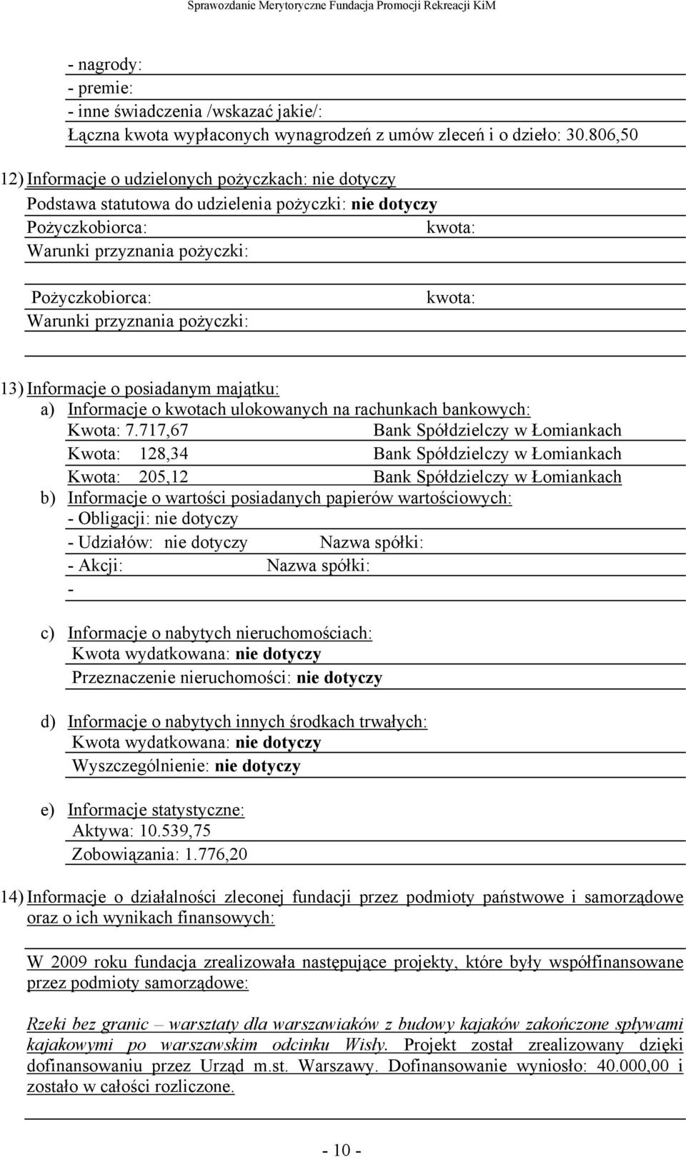 przyznania pożyczki: kwota: 13) Informacje o posiadanym majątku: a) Informacje o kwotach ulokowanych na rachunkach bankowych: Kwota: 7.