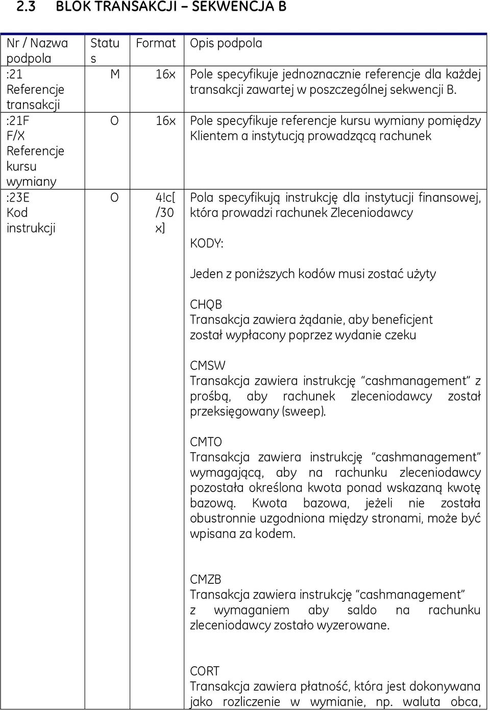 c[ /30 x] Pola specyfikują instrukcję dla instytucji finansowej, która prowadzi rachunek Zleceniodawcy KODY: Jeden z poniższych kodów musi zostać użyty CHQB Transakcja zawiera żądanie, aby
