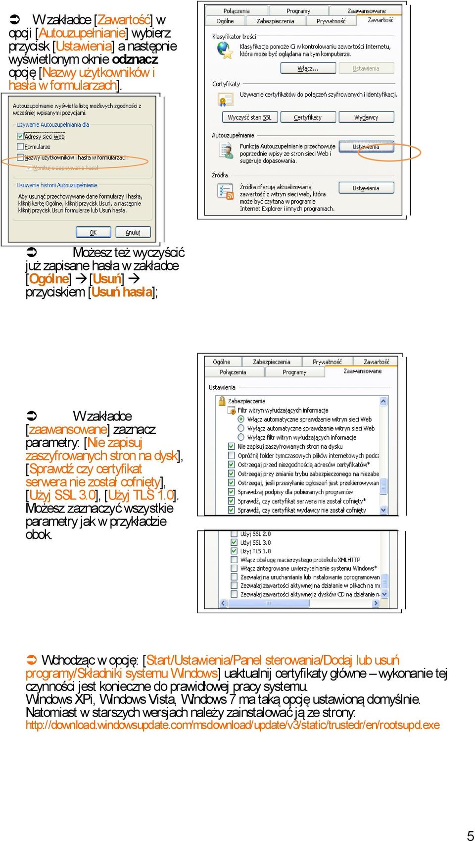 certyfikat serwera nie został cofnięty], [Użyj SSL 3.0], [Użyj TLS 1.0]. Możesz zaznaczyć wszystkie parametry jak w przykładzie obok.