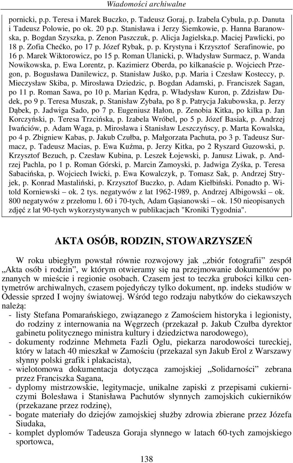 Władysław Surmacz, p. Wanda Nowikowska, p. Ewa Lorentz, p. Kazimierz Oberda, po kilkanaście p. Wojciech Przegon, p. Bogusława Danilewicz, p. Stanisław Juśko, p.p. Maria i Czesław Kosteccy, p.