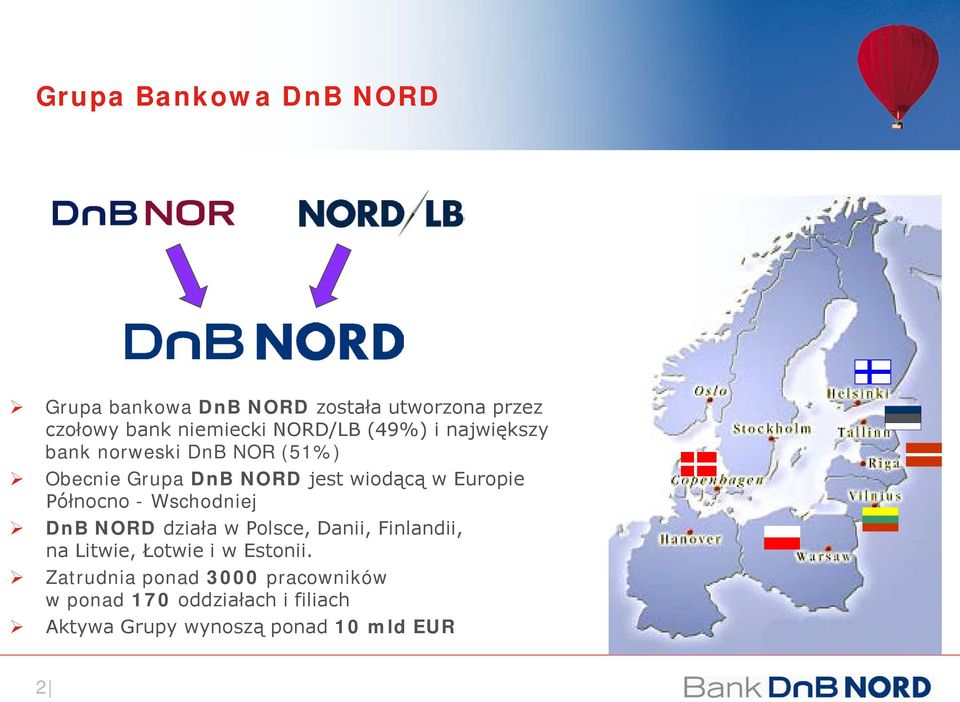 Europie Północno - Wschodniej DnB NORD działa w Polsce, Danii, Finlandii, na Litwie, Łotwie i w