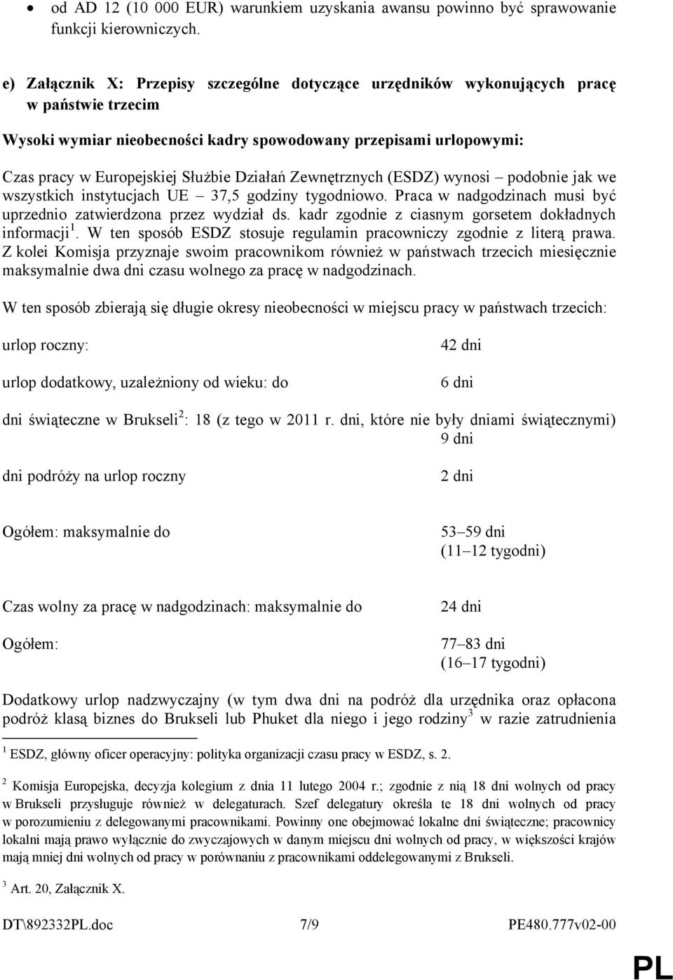 Działań Zewnętrznych (ESDZ) wynosi podobnie jak we wszystkich instytucjach UE 37,5 godziny tygodniowo. Praca w nadgodzinach musi być uprzednio zatwierdzona przez wydział ds.