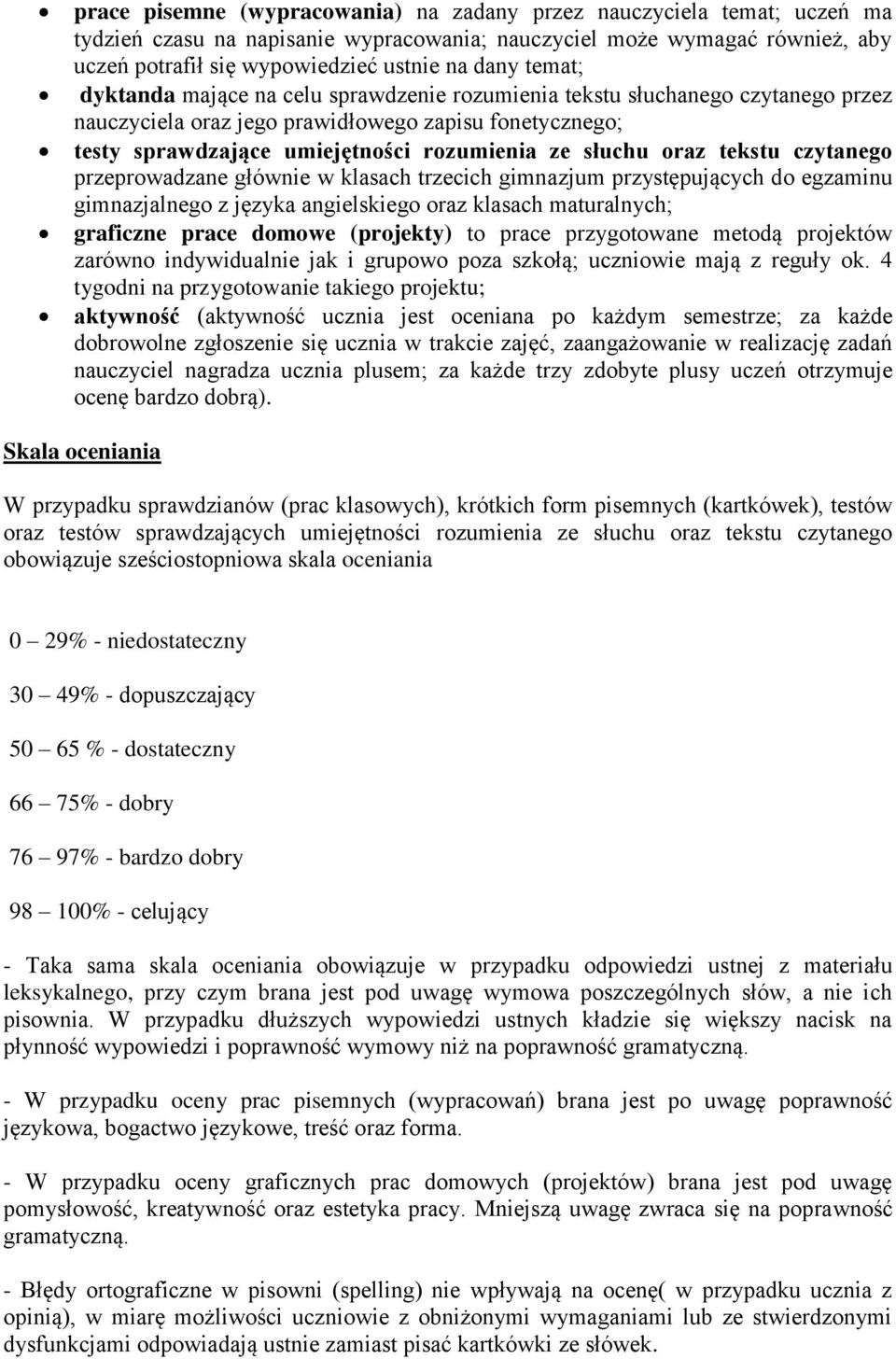 oraz tekstu czytanego przeprowadzane głównie w klasach trzecich gimnazjum przystępujących do egzaminu gimnazjalnego z języka angielskiego oraz klasach maturalnych; graficzne prace domowe (projekty)