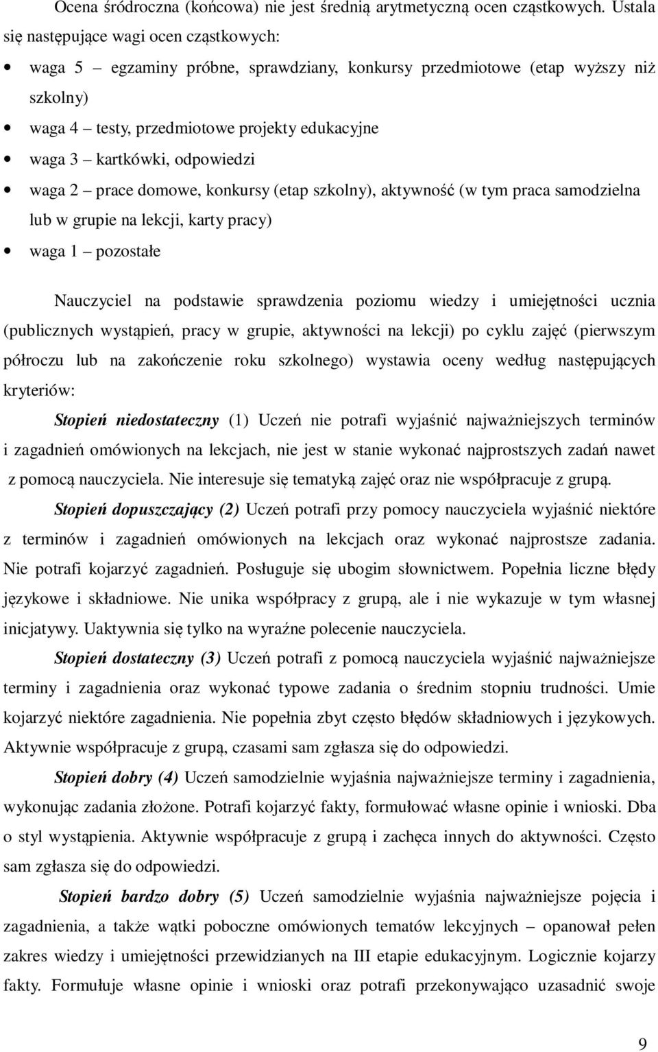 odpowiedzi waga 2 prace domowe, konkursy (etap szkolny), aktywność (w tym praca samodzielna lub w grupie na lekcji, karty pracy) waga 1 pozostałe Nauczyciel na podstawie sprawdzenia poziomu wiedzy i