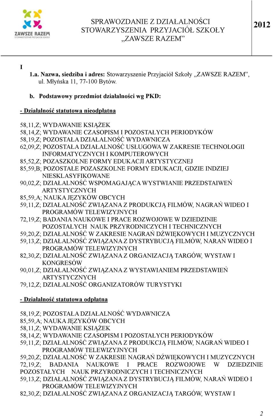 WYDAWNICZA 62,09,Z; POZOSTAŁA DZIAŁALNOŚĆ USŁUGOWA W ZAKRESIE TECHNOLOGII INFORMATYCZNYCH I KOMPUTEROWYCH 85,52,Z; POZASZKOLNE FORMY EDUKACJI ARTYSTYCZNEJ 85,59,B; POZOSTAŁE POZASZKOLNE FORMY