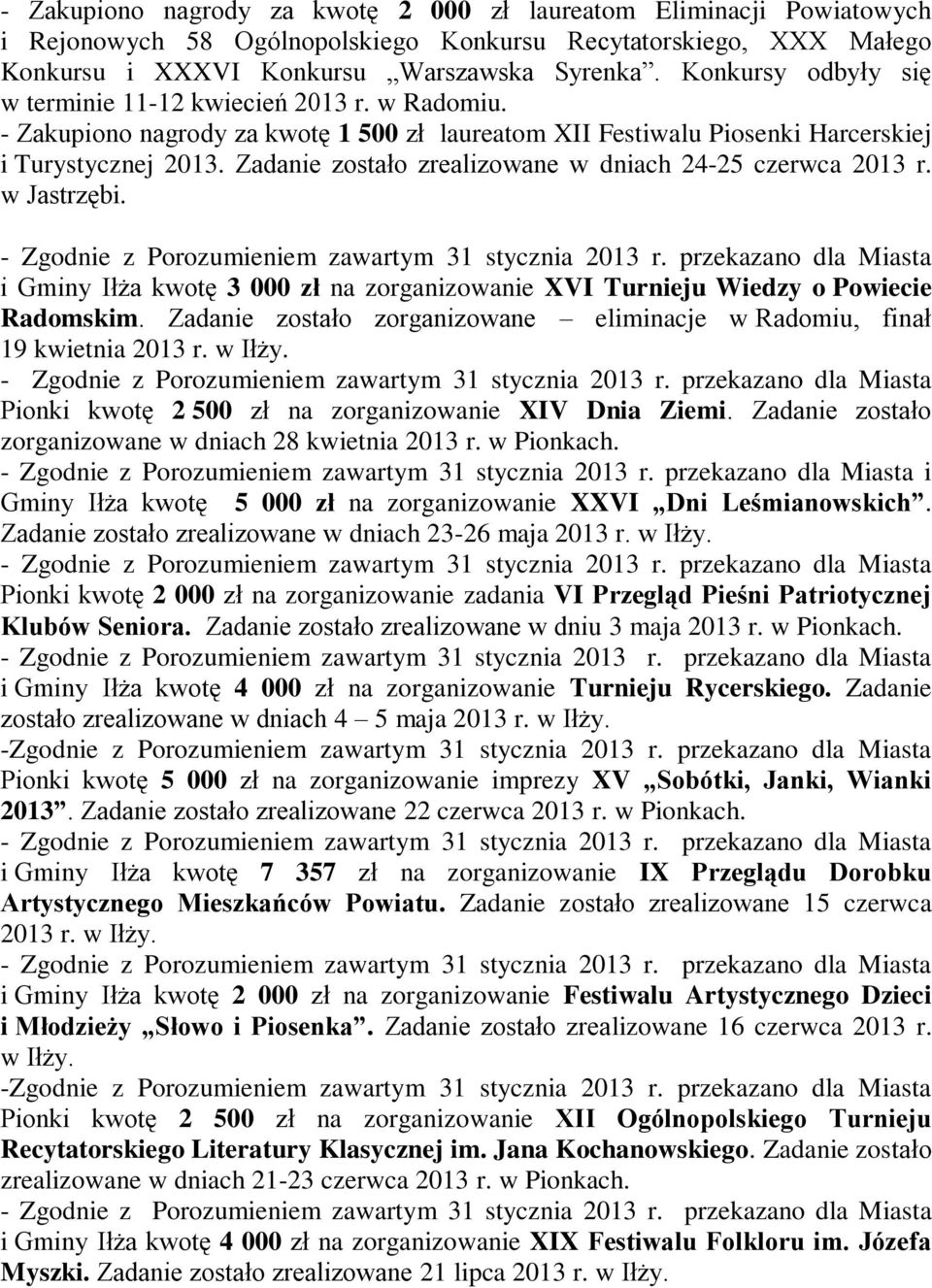 Zadanie zostało zrealizowane w dniach 24-25 czerwca 2013 r. w Jastrzębi. i Gminy Iłża kwotę 3 000 zł na zorganizowanie XVI Turnieju Wiedzy o Powiecie Radomskim.