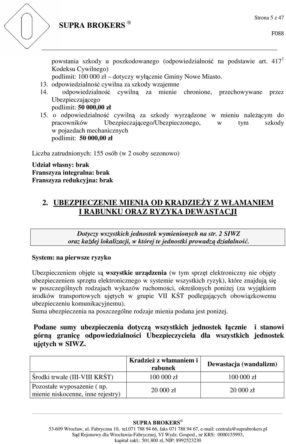 o odpowiedzialność cywilną za szkody wyrządzone w mieniu należącym do pracowników Ubezpieczającego/Ubezpieczonego, w tym szkody w pojazdach mechanicznych podlimit: 50 000,00 zł Liczba zatrudnionych: