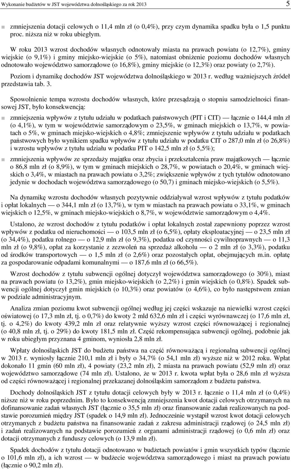 województwo samorządowe (o 16,8%), gminy miejskie (o 12,3%) oraz powiaty (o 2,7%). Poziom i dynamikę dochodów JST województwa dolnośląskiego w r. według ważniejszych źródeł przedstawia tab. 3.