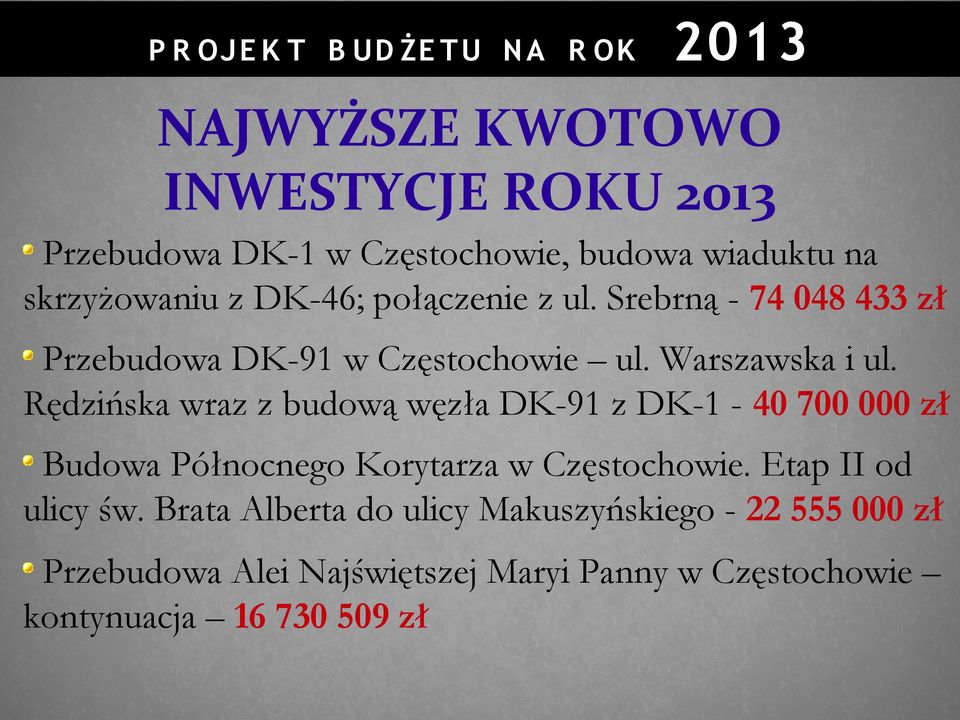 Rędzińska wraz z budową węzła DK-91 z DK-1-40 700 000 zł Budowa Północnego Korytarza w Częstochowie.