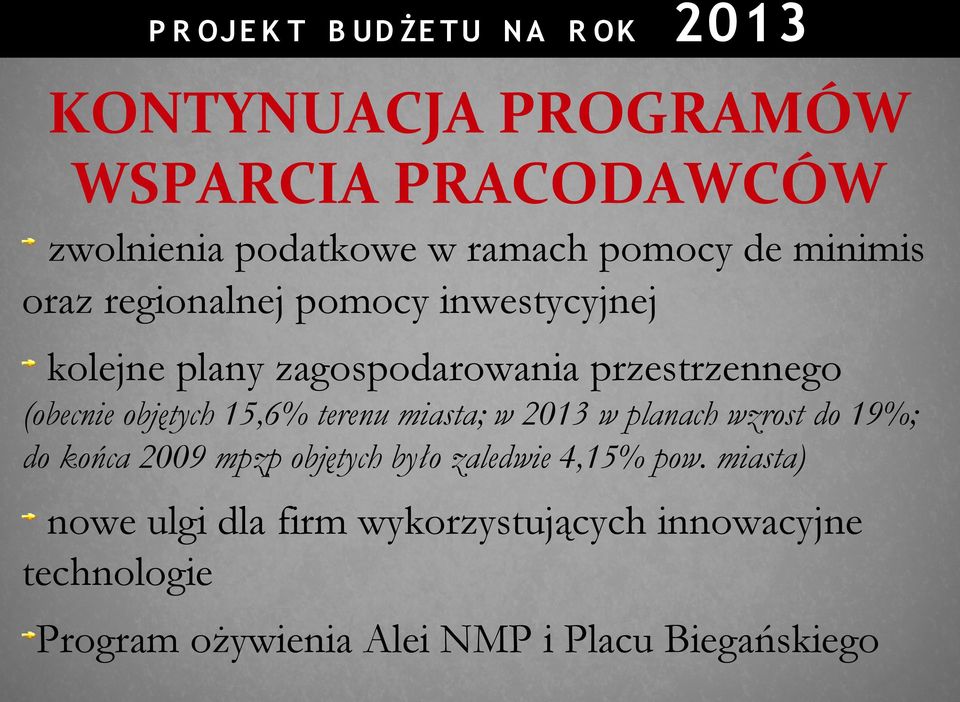 terenu miasta; w 2013 w planach wzrost do 19%; do końca 2009 mpzp objętych było zaledwie 4,15% pow.