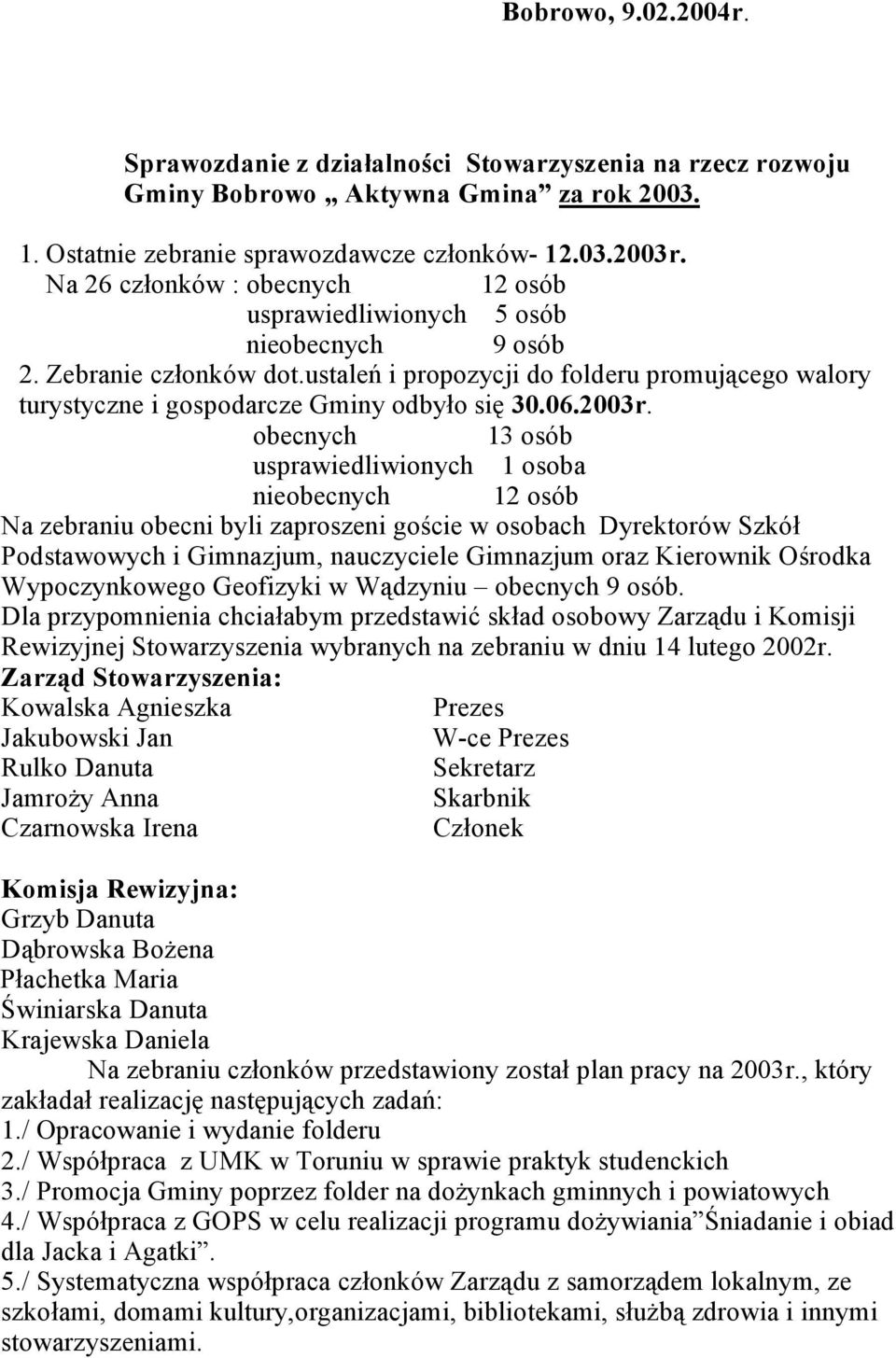 ustaleń i propozycji do folderu promującego walory turystyczne i gospodarcze Gminy odbyło się 30.06.2003r.