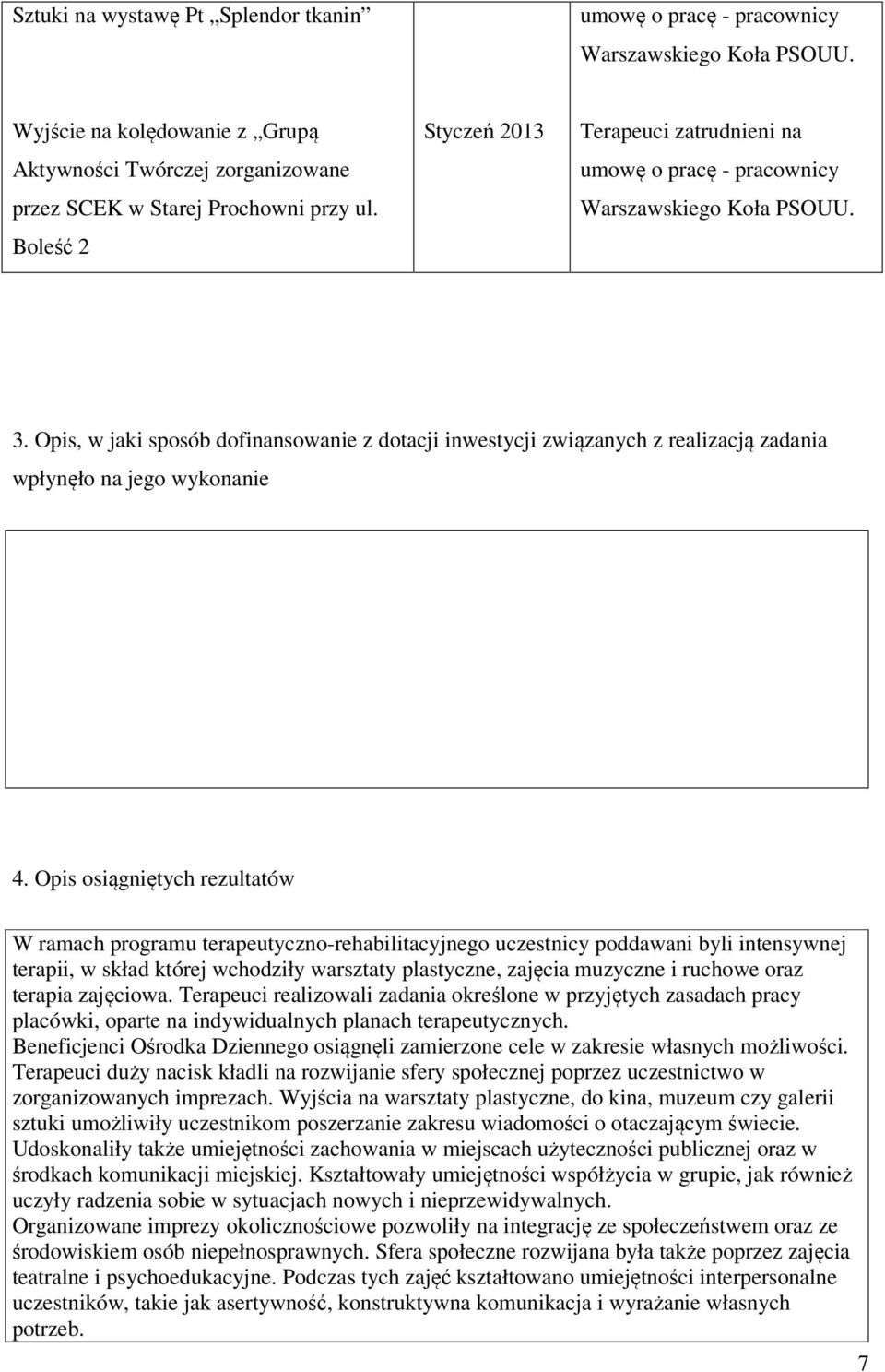 Opis osiągniętych rezultatów W ramach programu terapeutyczno-rehabilitacyjnego uczestnicy poddawani byli intensywnej terapii, w skład której wchodziły warsztaty plastyczne, zajęcia muzyczne i ruchowe