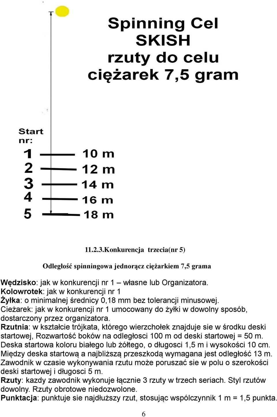 Rzutnia: w kształcie trójkata, którego wierzchołek znajduje sie w środku deski startowej, Rozwartość boków na odległosci 100 m od deski startowej = 50 m.