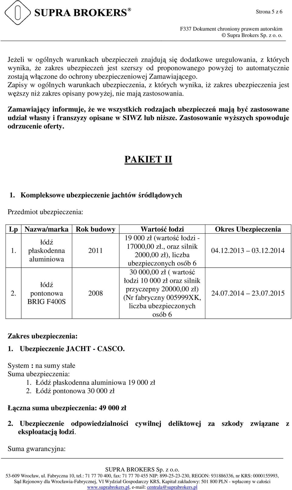 Zamawiający informuje, że we wszystkich rodzajach ubezpieczeń mają być zastosowane udział własny i franszyzy opisane w SIWZ lub niższe. Zastosowanie wyższych spowoduje odrzucenie oferty. PAKIET II 1.