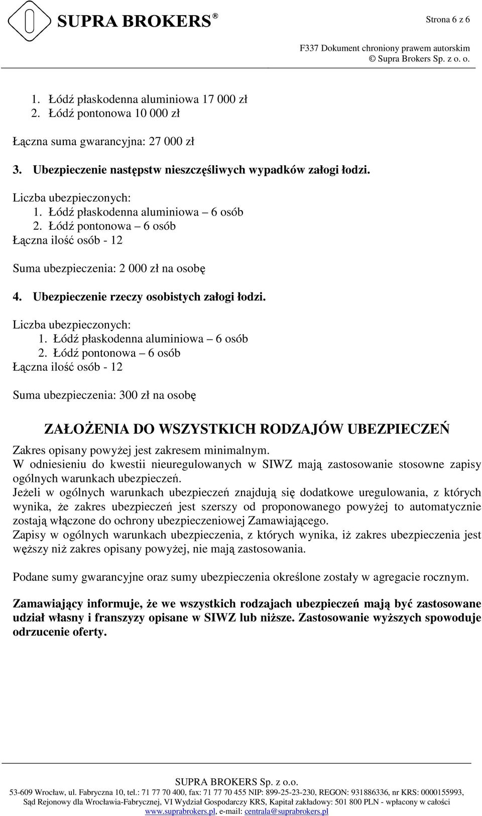 Liczba ubezpieczonych: 1. Łódź płaskodenna aluminiowa 6 osób 2.