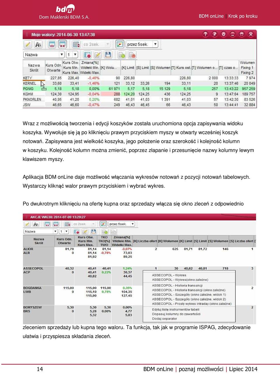 Aplikacja BDM online daje możliwość włączania wykresów notowań z pozycji notowań tabelowych. Wystarczy kliknąć walor prawym przyciskiem i wybrać wykres.