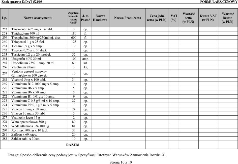 266 Vaselinum album 3 kg 267 Ventolin aerosol wziewny 0,1 mg/dawkę 200 dawek 10 op. 268 Vicebrol 5mg x 100 tabl. 34 op. 269 Vitaminum B12 1000 mg x 5 amp. 14 op. 270 Vitaminum B6 x 5 amp. 5 op.