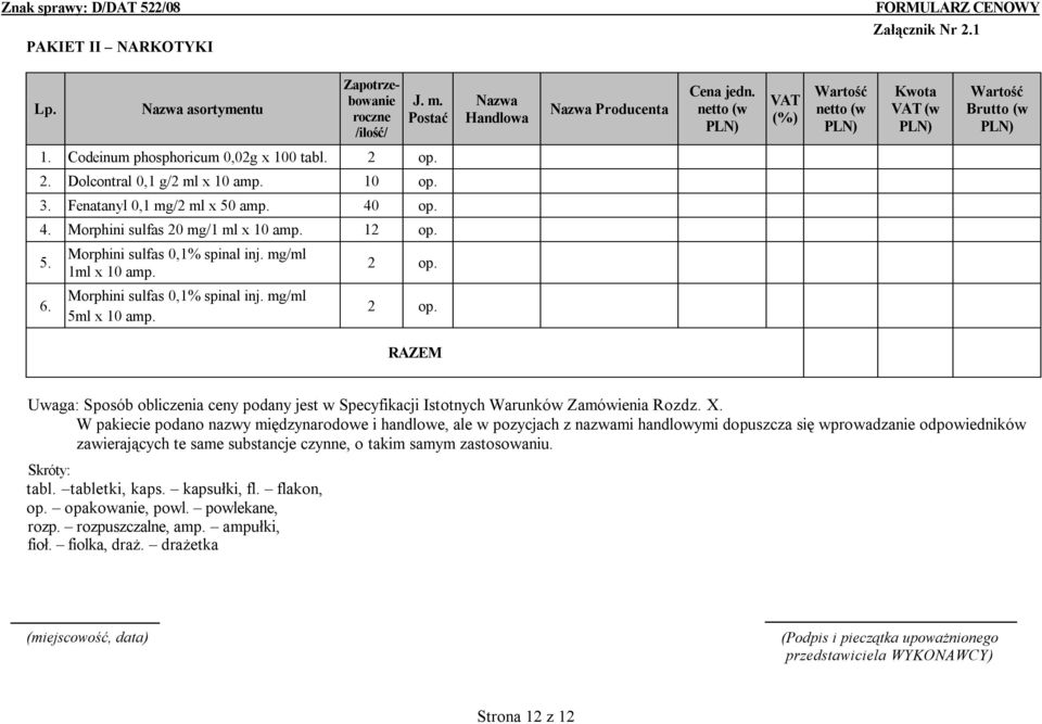 2 op. 2 op. RAZEM Uwaga: Sposób obliczenia ceny podany jest w Specyfikacji Istotnych Warunków Zamówienia Rozdz. X.