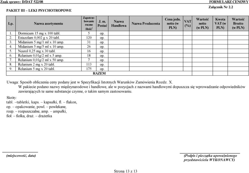 Relanium 5 mg x 20 tabl. 175 op. RAZEM Producenta (w Kwota (w Uwaga: Sposób obliczenia ceny podany jest w Specyfikacji Istotnych Warunków Zamówienia Rozdz. X.