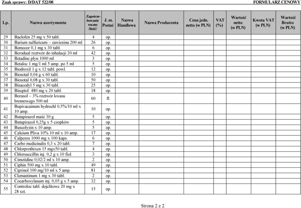 38 Bisacodyl 5 mg x 30 tabl. 25 op. 39 Biseptol 480 mg x 20 tabl. 18 op. 40 Borasol 3% roztwór kwasu bromowego 500 ml 60 fl. 41 Bupivacainum hydrochl 0,5%/10 ml x 10 amp. 10 op.