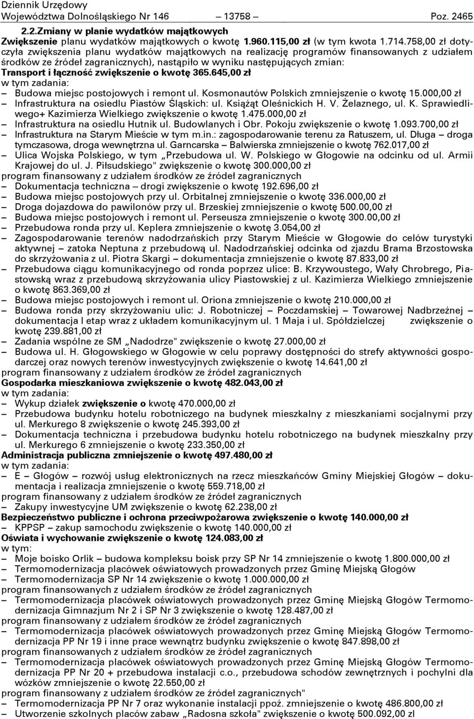 łączność zwiększenie o kwotę 365.645,00 zł w tym zadania: Budowa miejsc postojowych i remont ul. Kosmonautów Polskich zmniejszenie o kwotę 15.000,00 zł Infrastruktura na osiedlu Piastów Śląskich: ul.