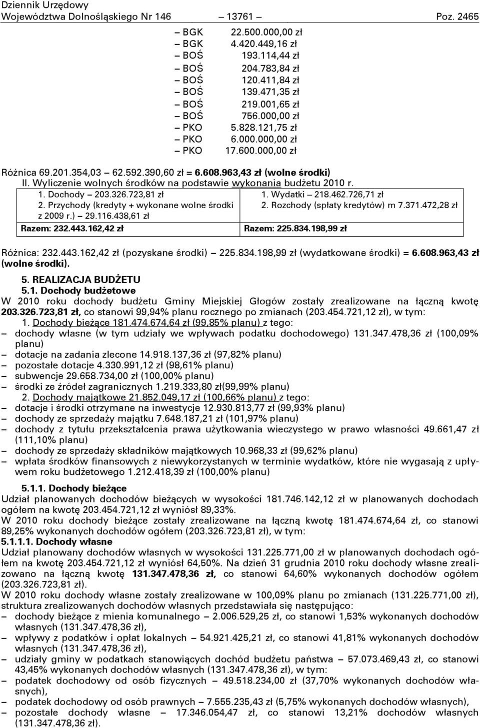 Wyliczenie wolnych środków na podstawie wykonania budżetu 2010 r. 1. Dochody 203.326.723,81 zł 1. Wydatki 218.462.726,71 zł 2. Przychody (kredyty + wykonane wolne środki 2.