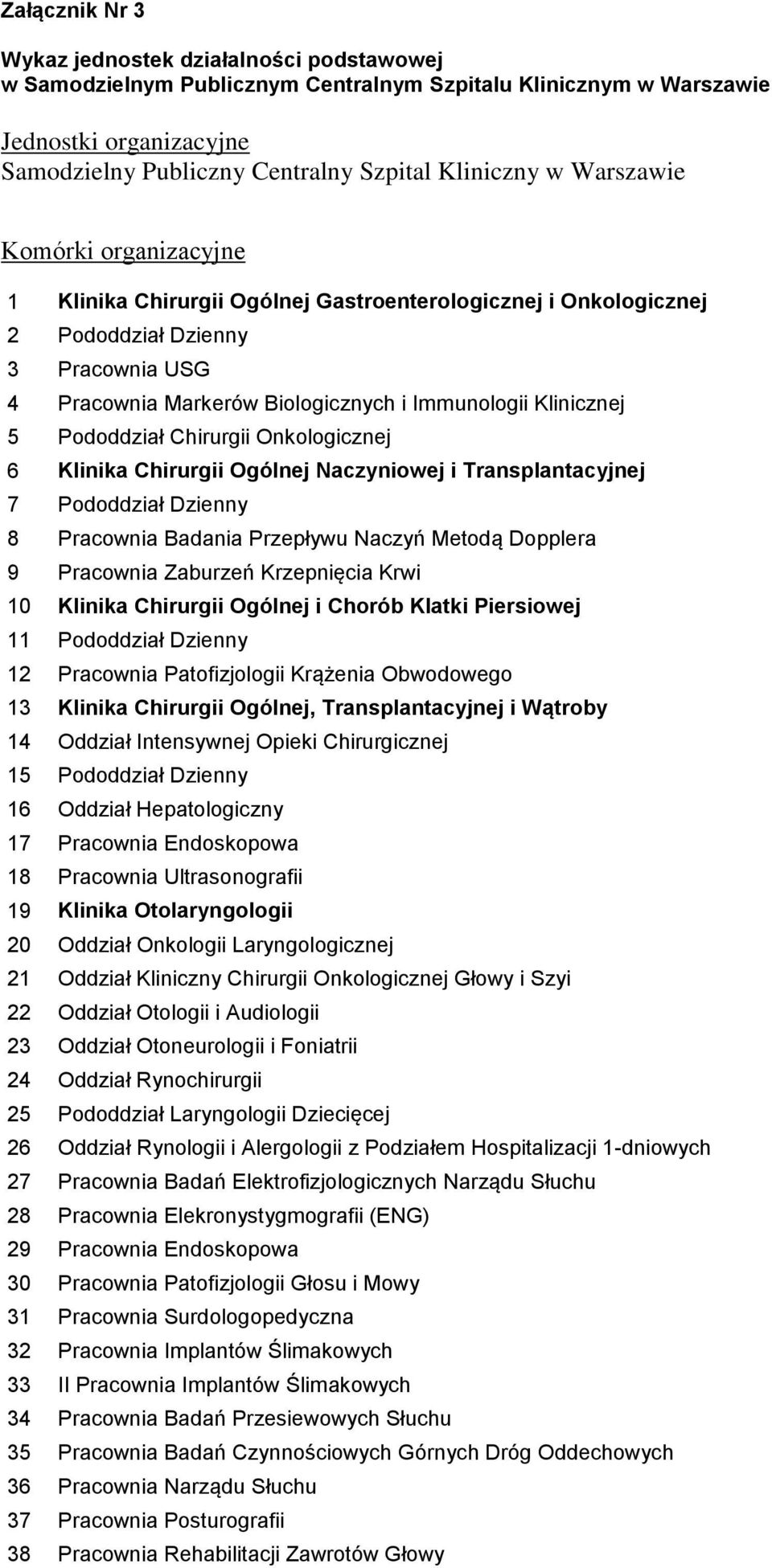 Pododdział Chirurgii Onkologicznej 6 Klinika Chirurgii Ogólnej Naczyniowej i Transplantacyjnej 7 Pododdział Dzienny 8 Pracownia Badania Przepływu Naczyń Metodą Dopplera 9 Pracownia Zaburzeń