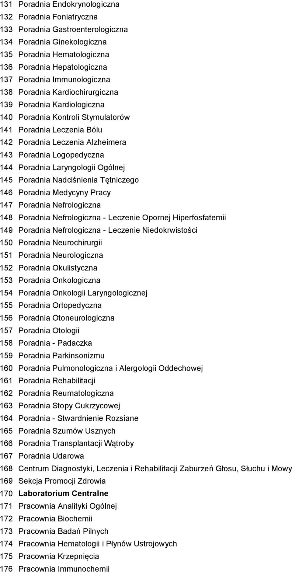 Poradnia Laryngologii Ogólnej 145 Poradnia Nadciśnienia Tętniczego 146 Poradnia Medycyny Pracy 147 Poradnia Nefrologiczna 148 Poradnia Nefrologiczna - Leczenie Opornej Hiperfosfatemii 149 Poradnia