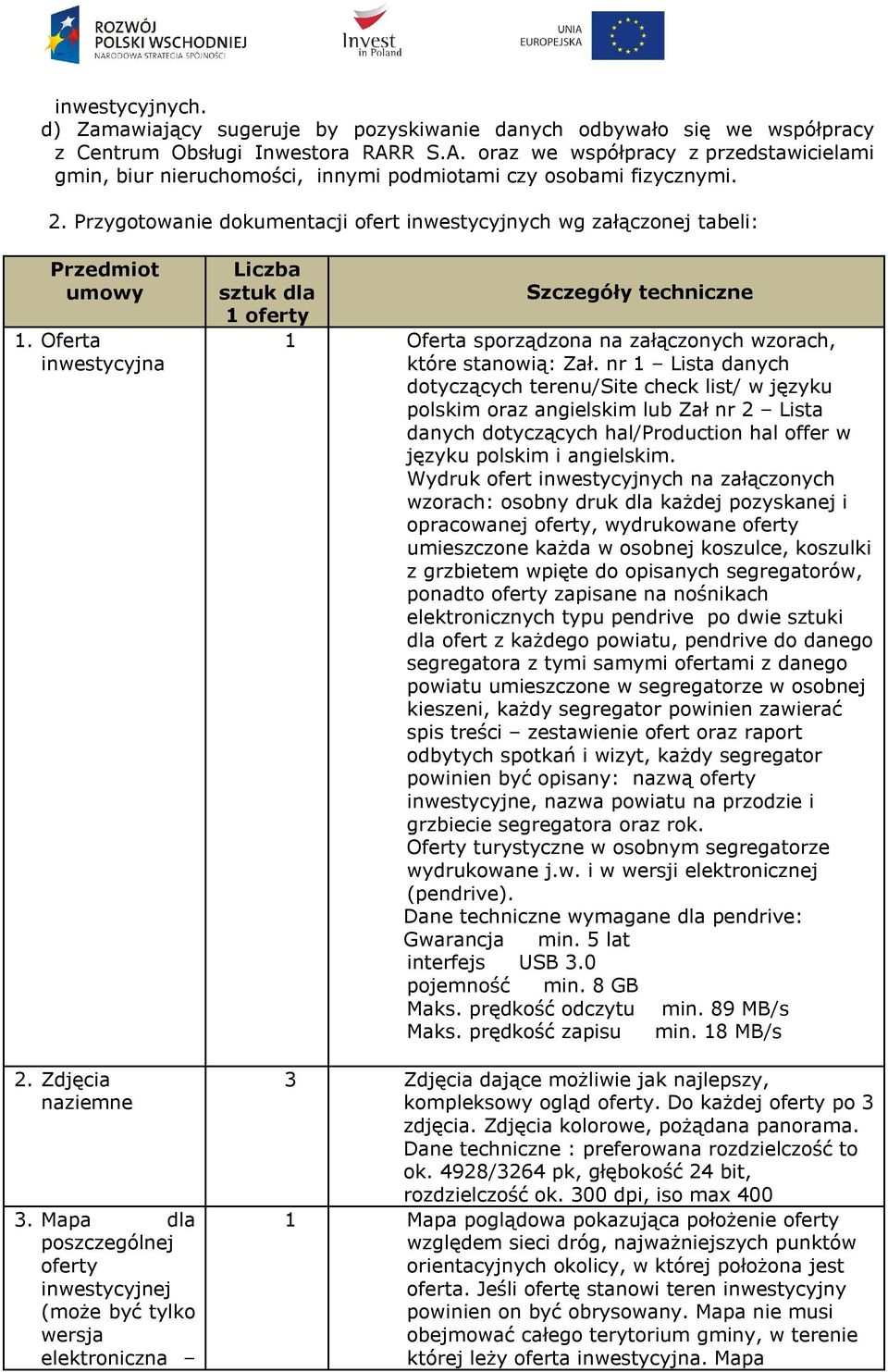 Przygotowanie dokumentacji ofert inwestycyjnych wg załączonej tabeli: Przedmiot umowy 1. Oferta inwestycyjna 2. Zdjęcia naziemne 3.