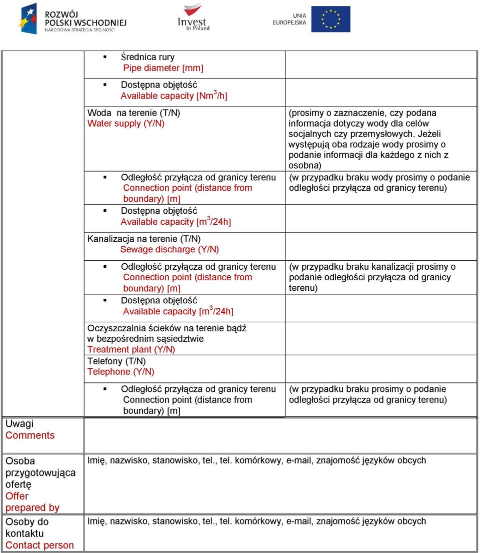 na terenie bądź w bezpośrednim sąsiedztwie Treatment plant (Y/N) Telefony (T/N) Telephone (Y/N) Odległość przyłącza od granicy terenu boundary) m (prosimy o zaznaczenie, czy podana informacja dotyczy