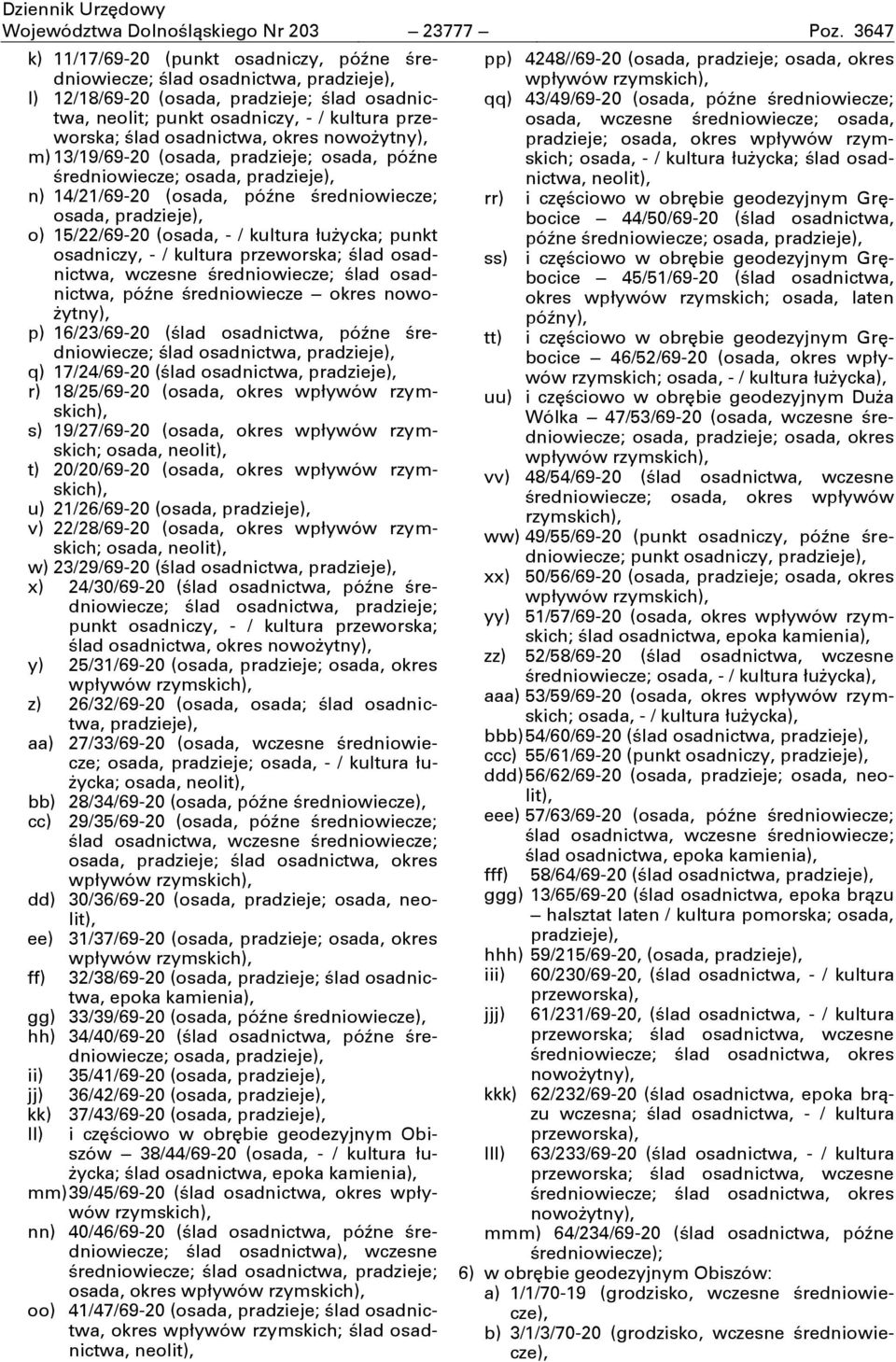 osadnictwa, okres nowożytny), m) 13/19/69-20 (osada, pradzieje; osada, późne średniowiecze; osada, pradzieje), n) 14/21/69-20 (osada, późne średniowiecze; osada, pradzieje), o) 15/22/69-20 (osada, -