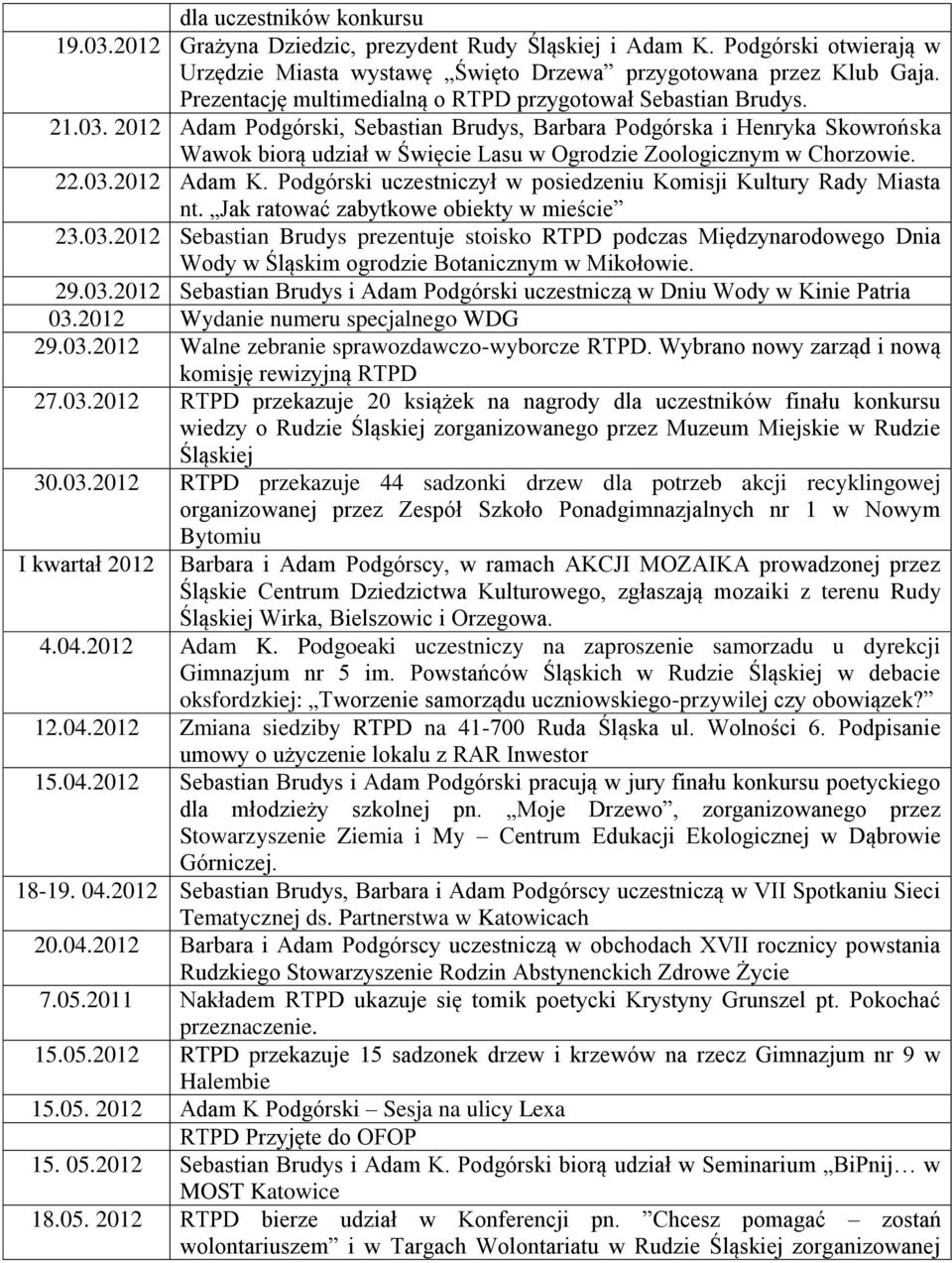 2012 Adam Podgórski, Sebastian Brudys, Barbara Podgórska i Henryka Skowrońska Wawok biorą udział w Święcie Lasu w Ogrodzie Zoologicznym w Chorzowie. 22.03.2012 Adam K.