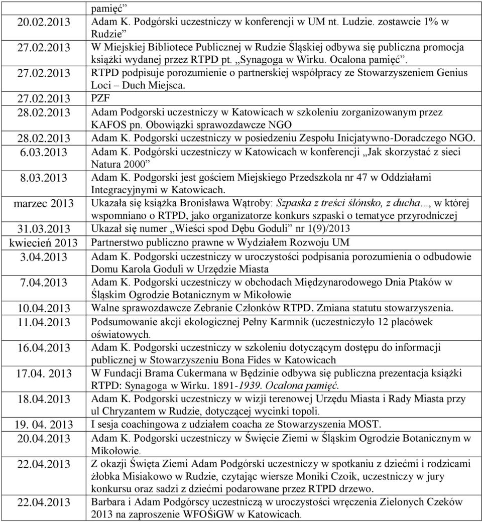 Obowiązki sprawozdawcze NGO 28.02.2013 Adam K. Podgorski uczestniczy w posiedzeniu Zespołu Inicjatywno-Doradczego NGO. 6.03.2013 Adam K. Podgórski uczestniczy w Katowicach w konferencji Jak skorzystać z sieci Natura 2000 8.