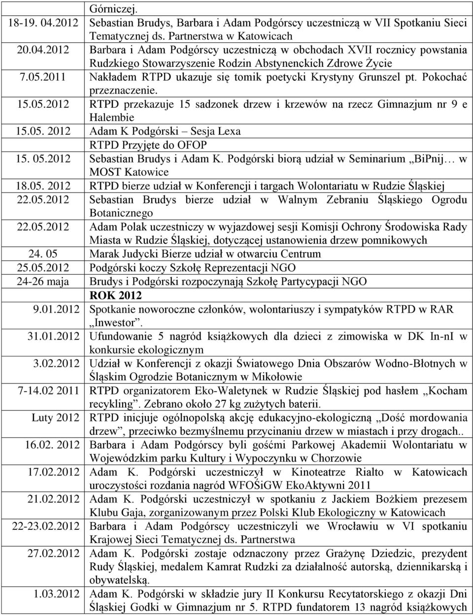 05.2012 Sebastian Brudys i Adam K. Podgórski biorą udział w Seminarium BiPnij w MOST Katowice 18.05. 2012 RTPD bierze udział w Konferencji i targach Wolontariatu w Rudzie Śląskiej 22.05.2012 Sebastian Brudys bierze udział w Walnym Zebraniu Śląskiego Ogrodu Botanicznego 22.