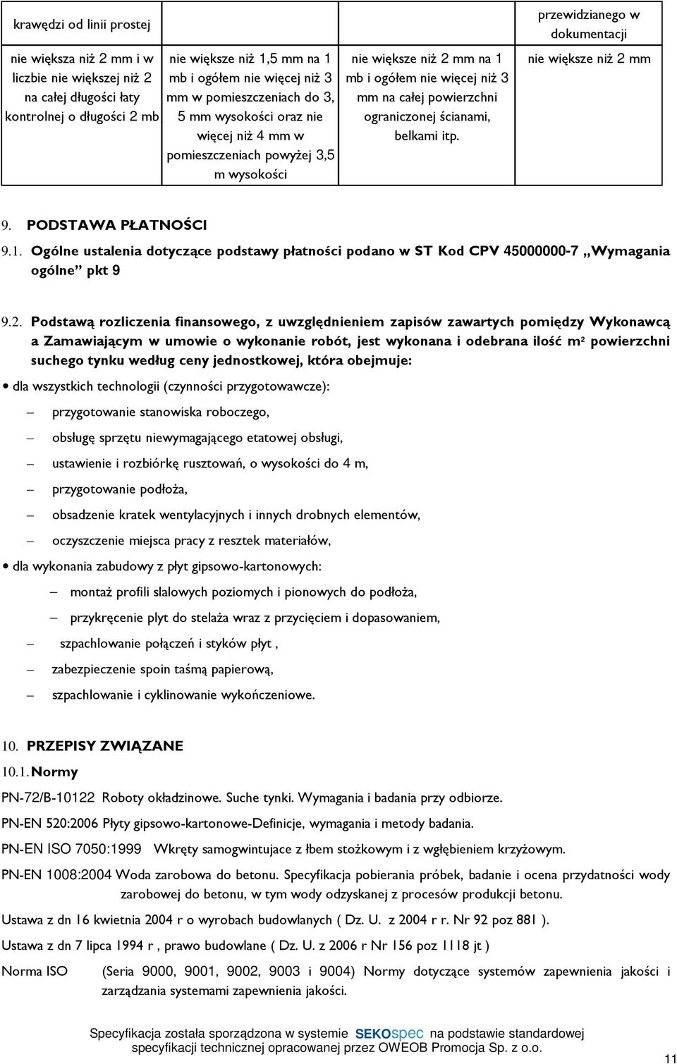 ścianami, belkami itp. przewidzianego w dokumentacji nie większe niŝ 2mm 9. PODSTAWA PŁATNOŚCI 9.1.