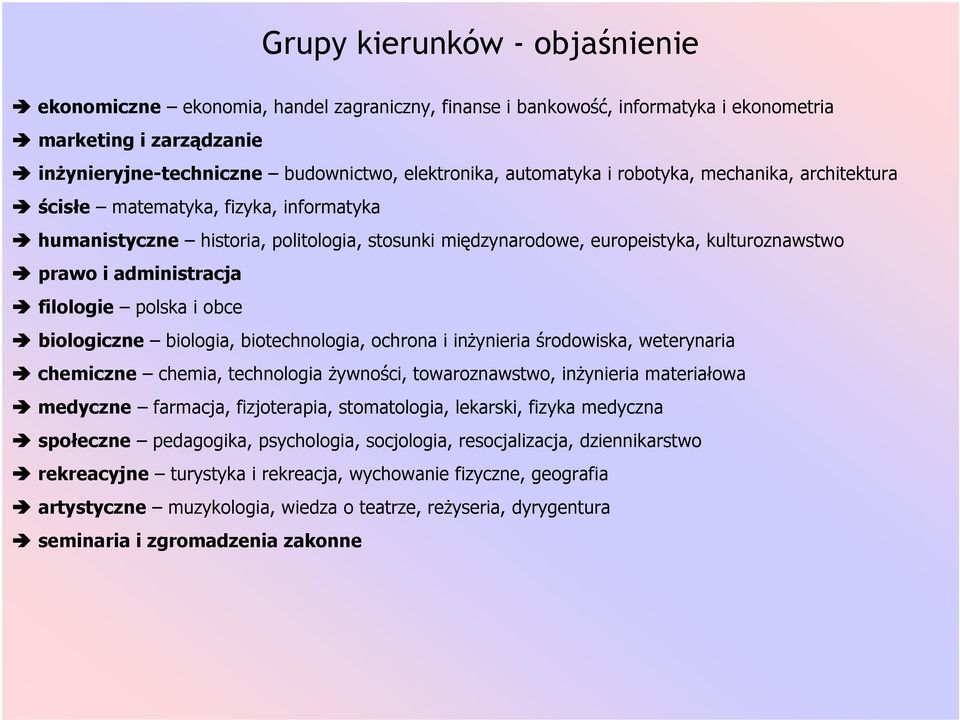 filologie polska i obce biologiczne biologia, biotechnologia, ochrona i inżynieria środowiska, weterynaria chemiczne chemia, technologia żywności, towaroznawstwo, inżynieria materiałowa medyczne