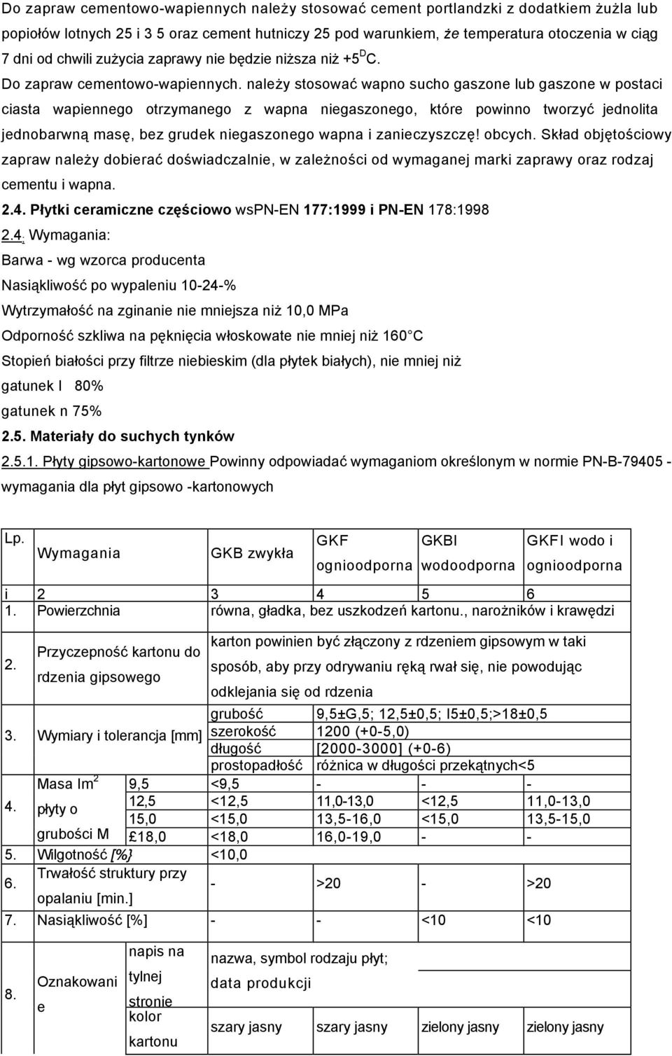 należy stosować wapno sucho gaszone lub gaszone w postaci ciasta wapiennego otrzymanego z wapna niegaszonego, które powinno tworzyć jednolita jednobarwną masę, bez grudek niegaszonego wapna i