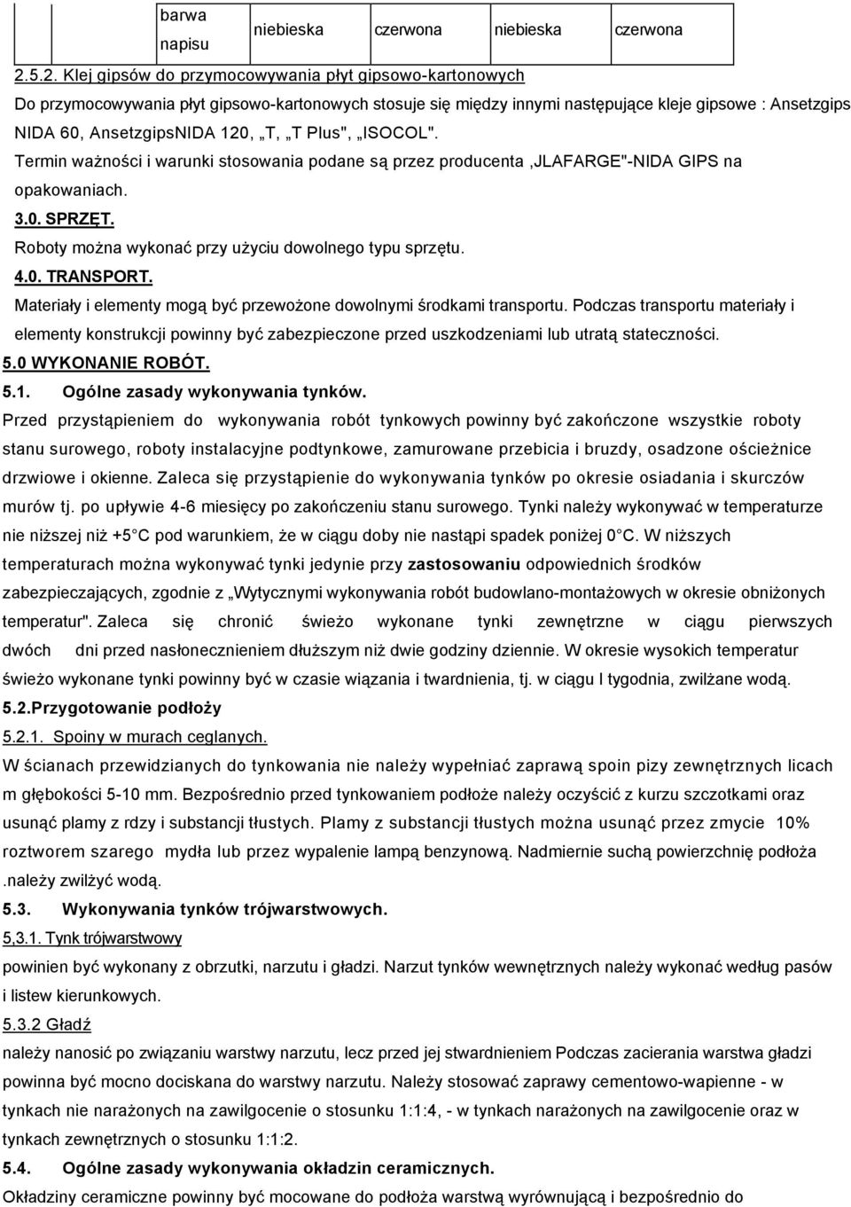 T, T Plus", ISOCOL". Termin ważności i warunki stosowania podane są przez producenta,jlafarge"-nida GIPS na opakowaniach. 3.0. SPRZĘT. Roboty można wykonać przy użyciu dowolnego typu sprzętu. 4.0. TRANSPORT.