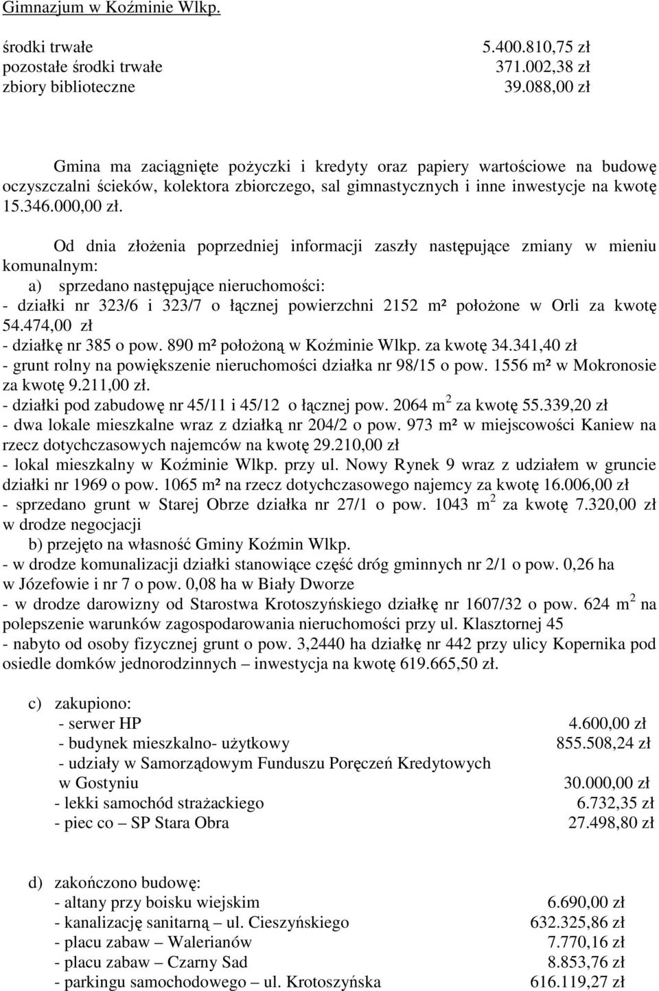 Od dnia złoŝenia poprzedniej informacji zaszły następujące zmiany w mieniu komunalnym: a) sprzedano następujące nieruchomości: - działki nr 323/6 i 323/7 o łącznej powierzchni 2152 m² połoŝone w Orli