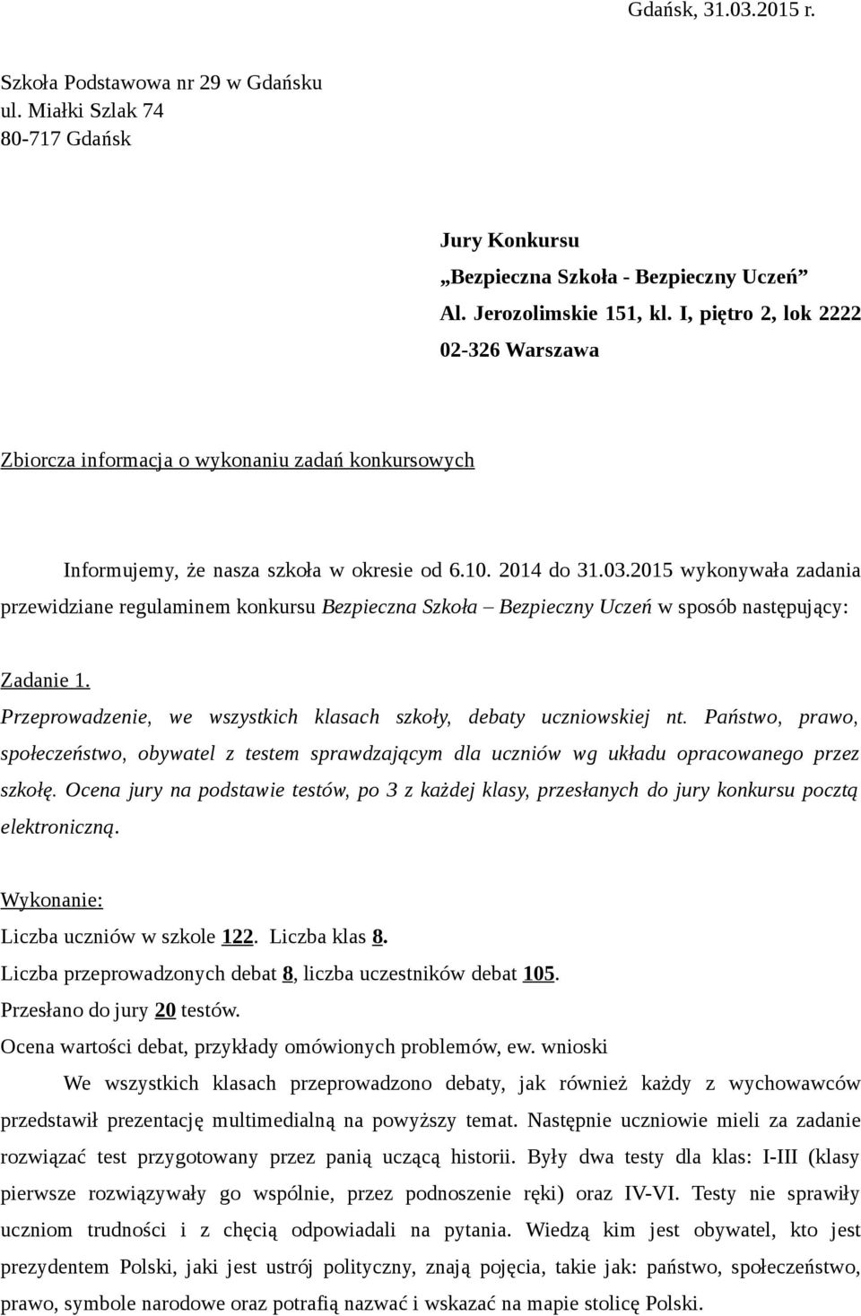 2015 wykonywała zadania przewidziane regulaminem konkursu Bezpieczna Szkoła Bezpieczny Uczeń w sposób następujący: Zadanie 1. Przeprowadzenie, we wszystkich klasach szkoły, debaty uczniowskiej nt.