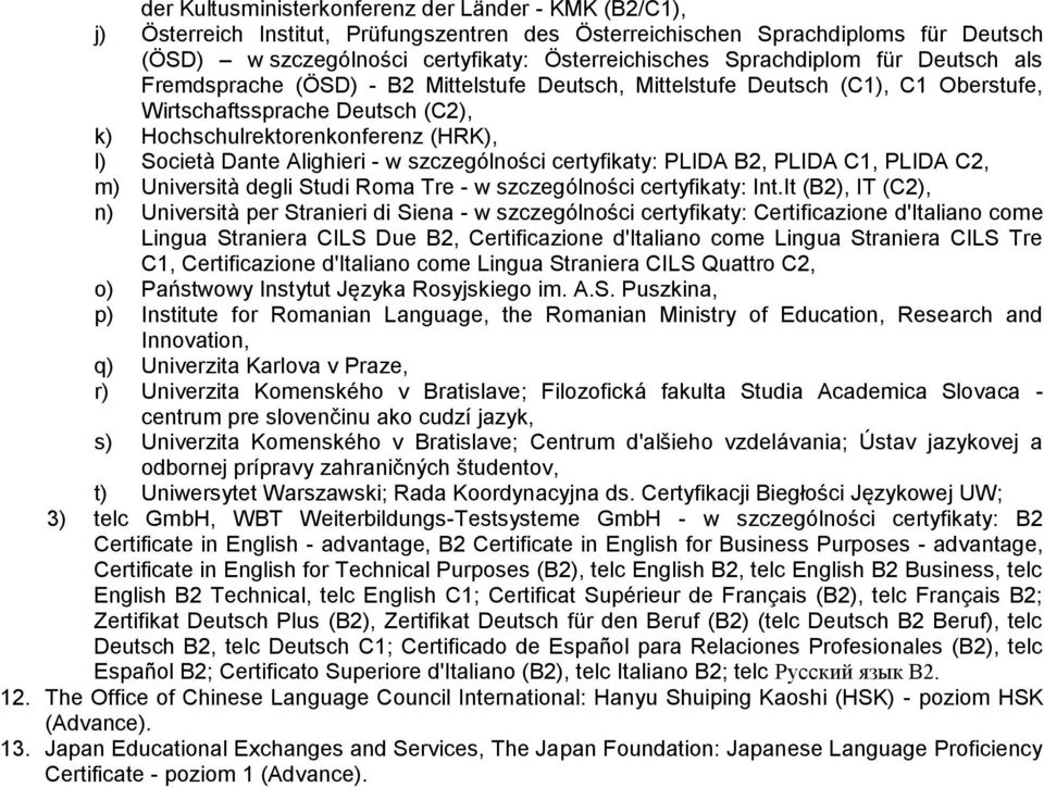 Dante Alighieri - w szczególności certyfikaty: PLIDA B2, PLIDA C1, PLIDA C2, m) Università degli Studi Roma Tre - w szczególności certyfikaty: Int.