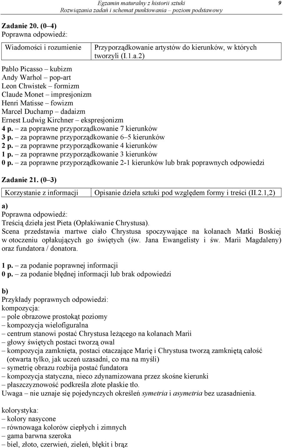 za poprawne przyporządkowanie 2-1 kierunków lub brak poprawnych odpowiedzi Zadanie 21. (0 3) Opisanie dzieła sztuki pod względem formy i treści (II.2.1,2) a) Treścią dzieła jest Pieta (Opłakiwanie Chrystusa).