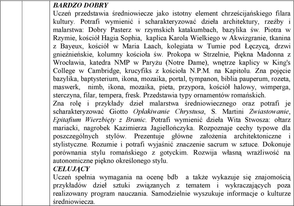 Piotra w Rzymie, kościół Hagia Sophia, kaplica Karola Wielkiego w Akwizgranie, tkanina z Bayeux, kościół w Maria Laach, kolegiata w Tumie pod Łęczycą, drzwi gnieźnieńskie, kolumny kościoła św.