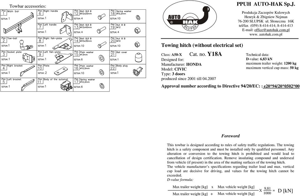00 Technical data: D-value:,83 kn maximum trailer weight: 00 kg maximum vertical cup mass: 0 kg pproval number according to Directive 9/0/EC: : e0*9/0*00*00 Foreword This towbar is designed according
