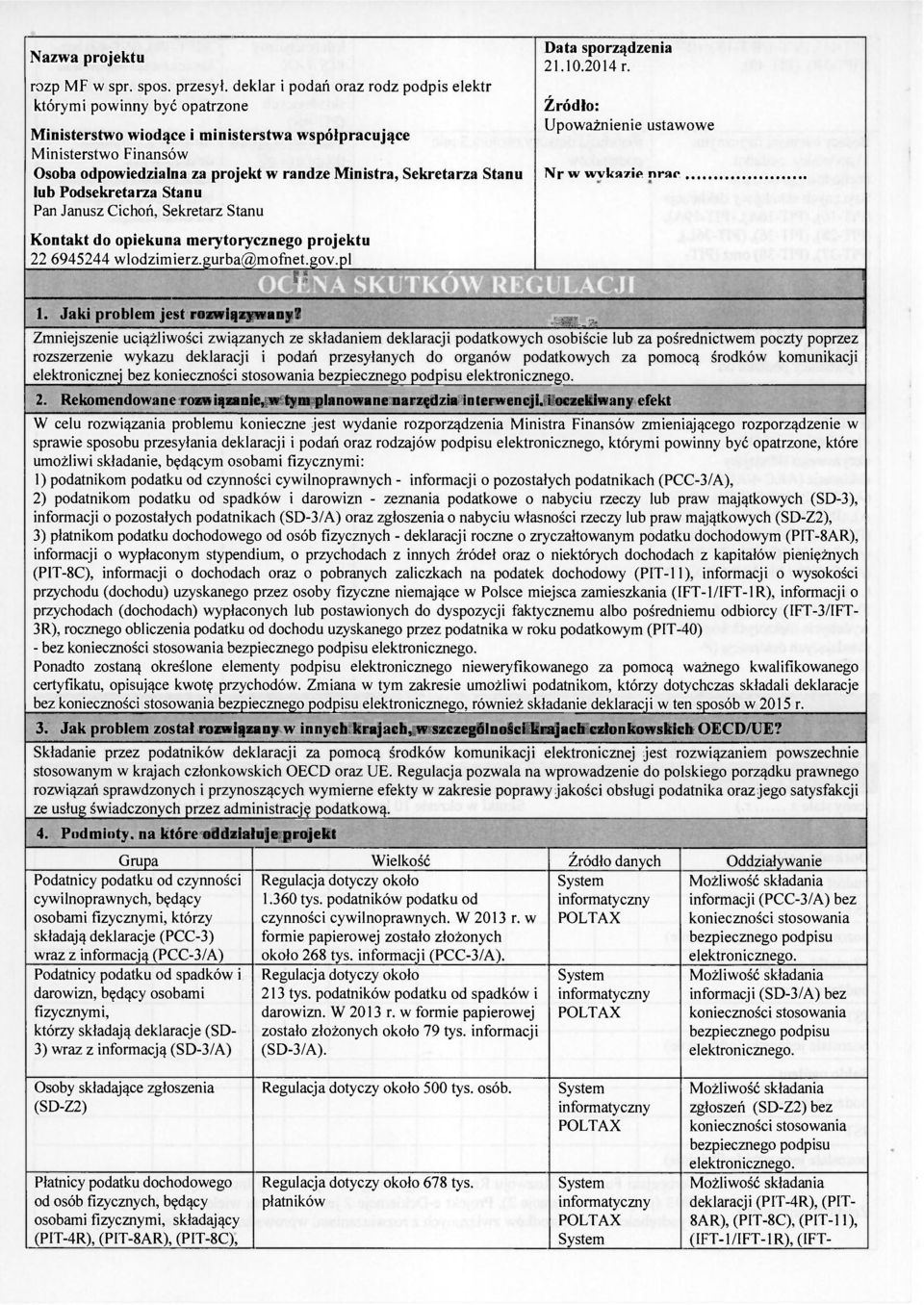 Ministra, Sekretarza Stanu lub Podsekretarza Stanu Pan Janusz Cichoń, Sekretarz Stanu Kontakt do opiekuna merytorycznego projektu 22 6945244 wlodzimierz.gurba@mofnet.gov.pl 11 Data sporządzenia 21.10.