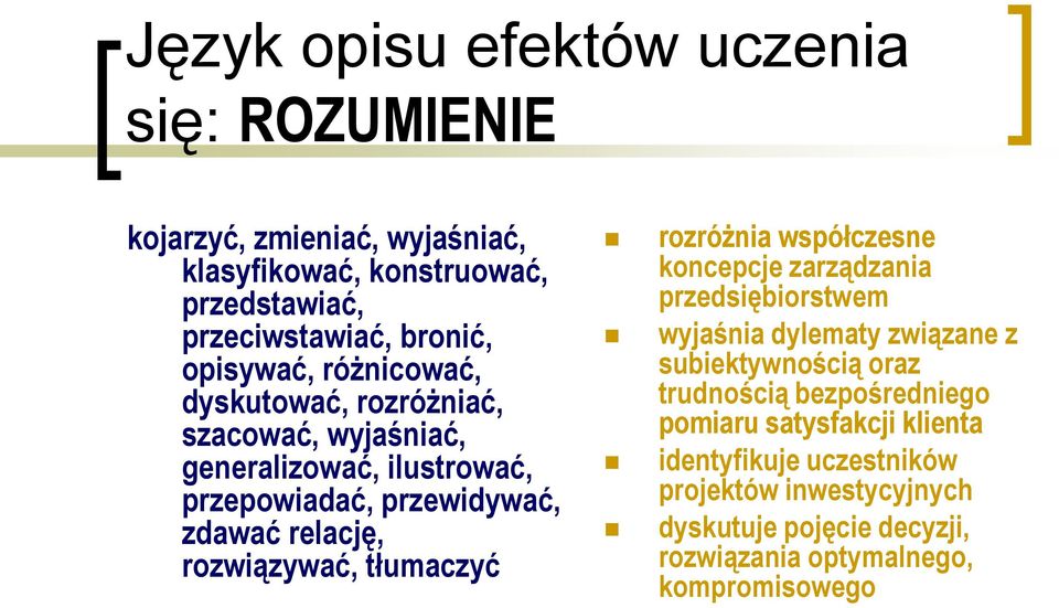 rozwiązywać, tłumaczyć rozróżnia współczesne koncepcje zarządzania przedsiębiorstwem wyjaśnia dylematy związane z subiektywnością oraz trudnością