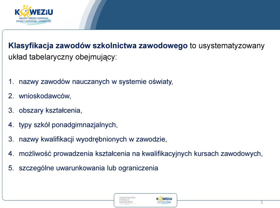 typy szkół ponadgimnazjalnych, 3. nazwy kwalifikacji wyodrębnionych w zawodzie, 4.